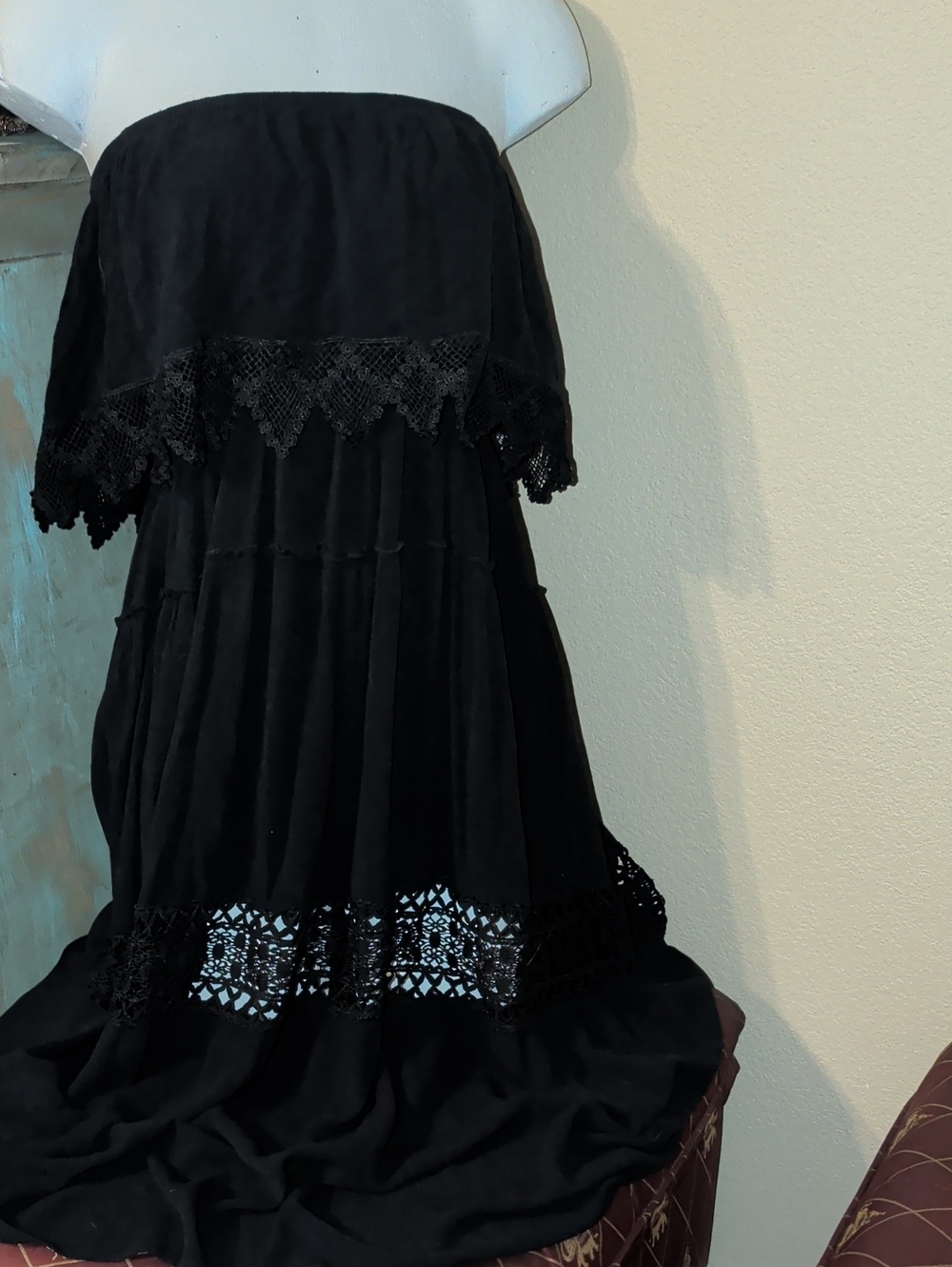 Strapless Black Tiered Lace Maxi Dress